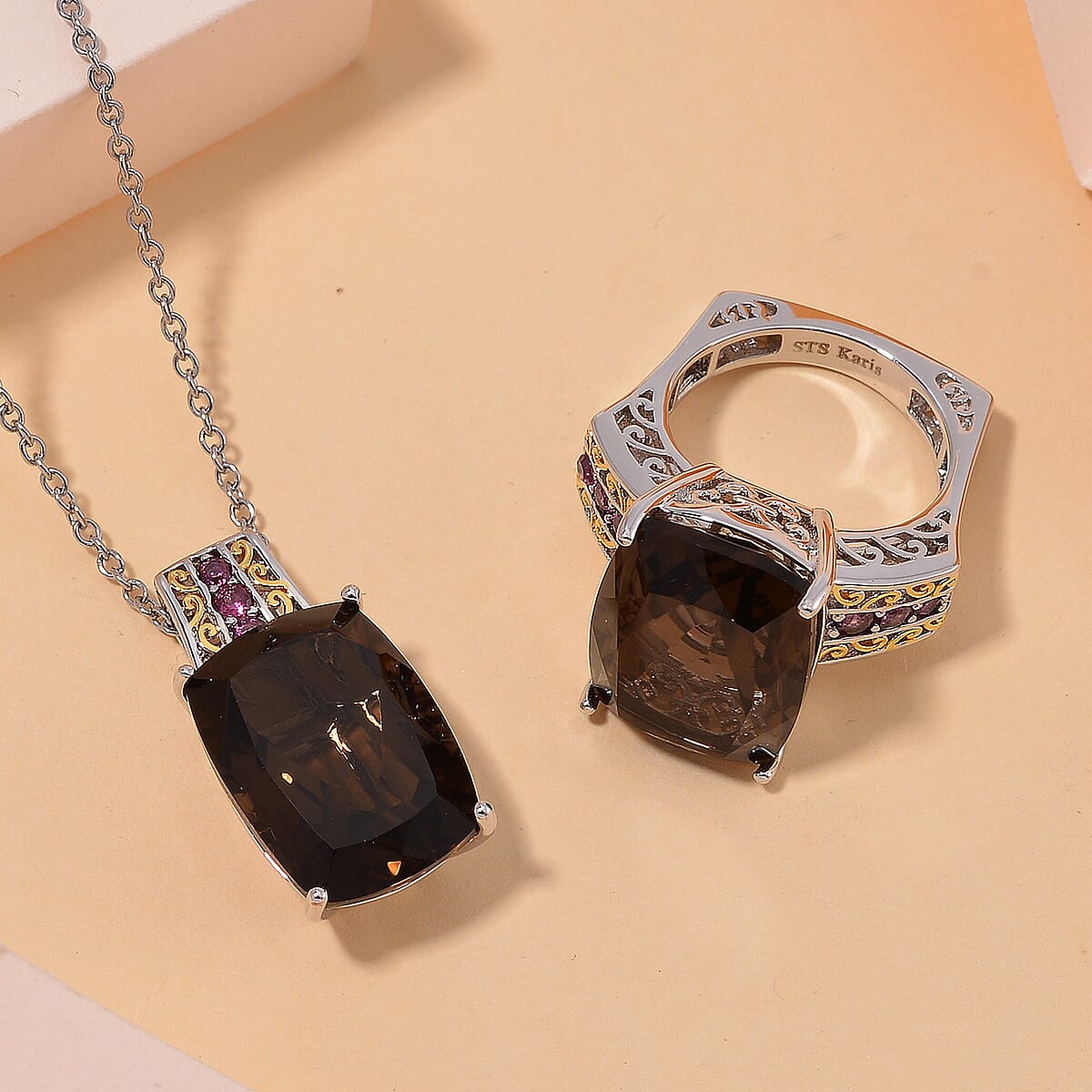 Karis Brazilian Smoky Quartz and Orissa Rhodolite Garnet 27.35 ctw Ring (Size 7.0) and Pendant in Dualtone with Stainless Steel Necklace 20 Inches image number 1