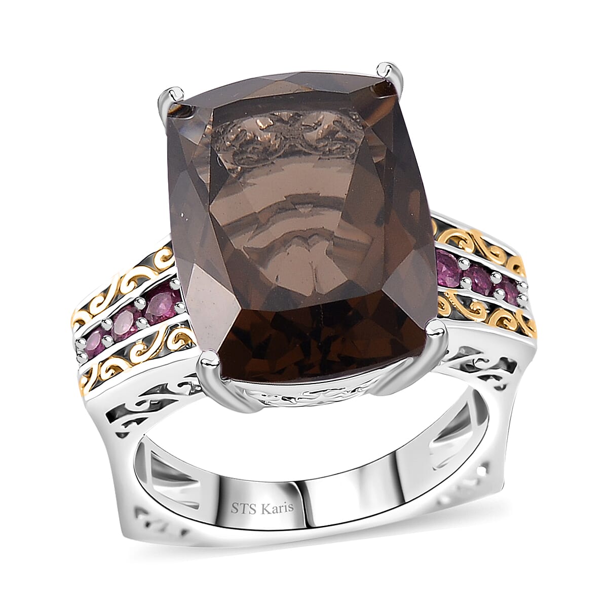 Karis Brazilian Smoky Quartz and Orissa Rhodolite Garnet 27.35 ctw Ring (Size 7.0) and Pendant in Dualtone with Stainless Steel Necklace 20 Inches image number 2