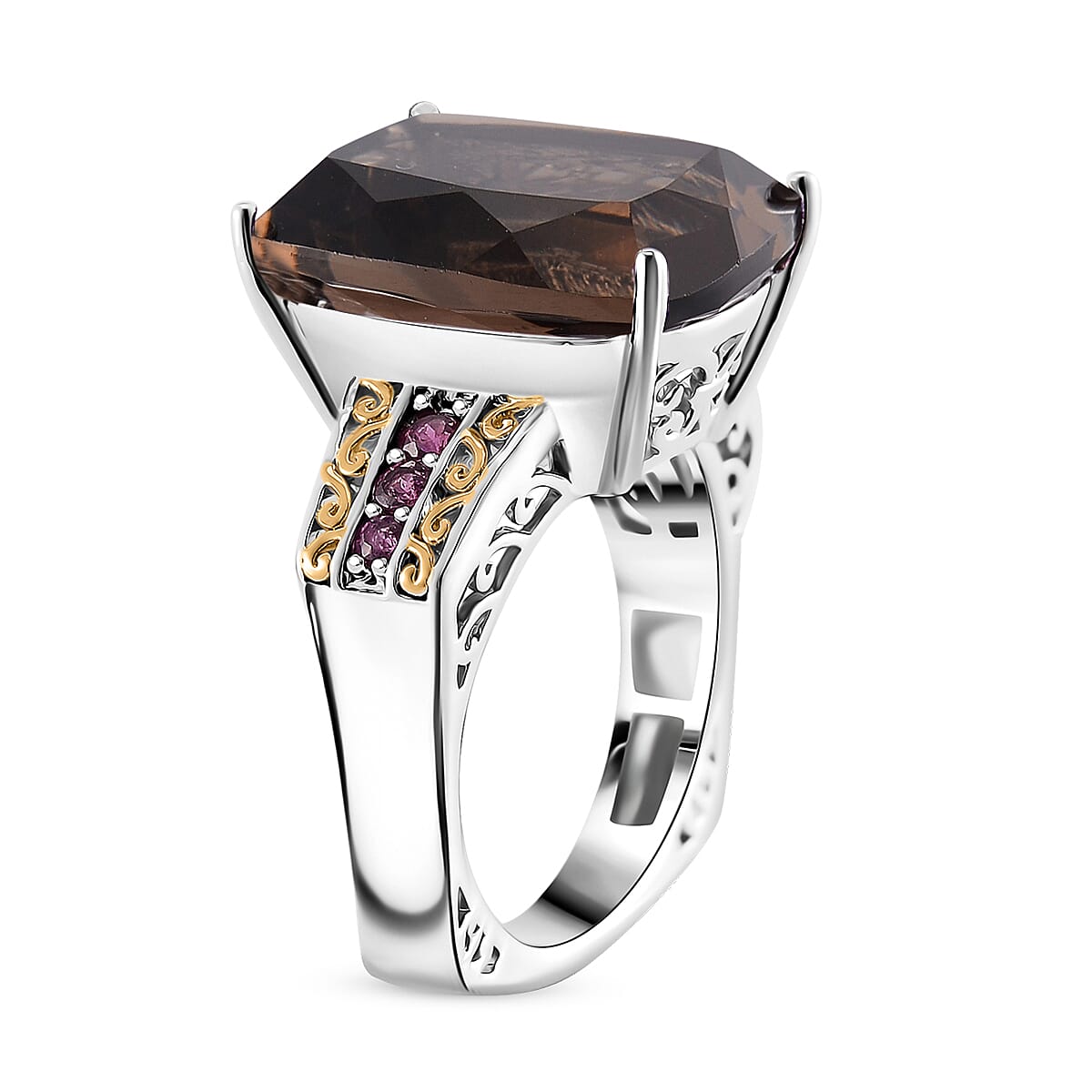 Karis Brazilian Smoky Quartz and Orissa Rhodolite Garnet 27.35 ctw Ring (Size 7.0) and Pendant in Dualtone with Stainless Steel Necklace 20 Inches image number 3
