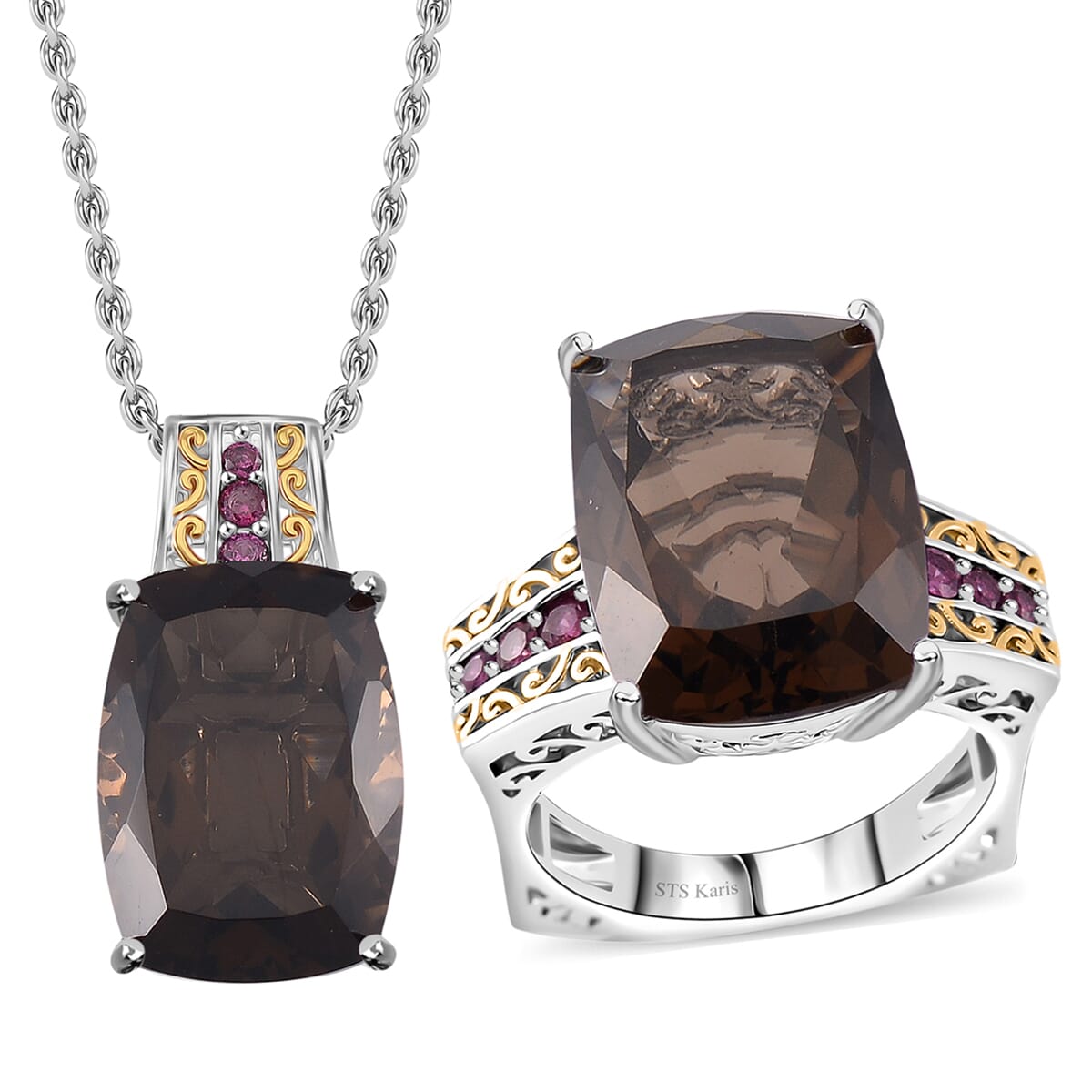 Karis Brazilian Smoky Quartz and Orissa Rhodolite Garnet 27.35 ctw Ring (Size 9.0) and Pendant in Dualtone with Stainless Steel Necklace 20 Inches image number 0