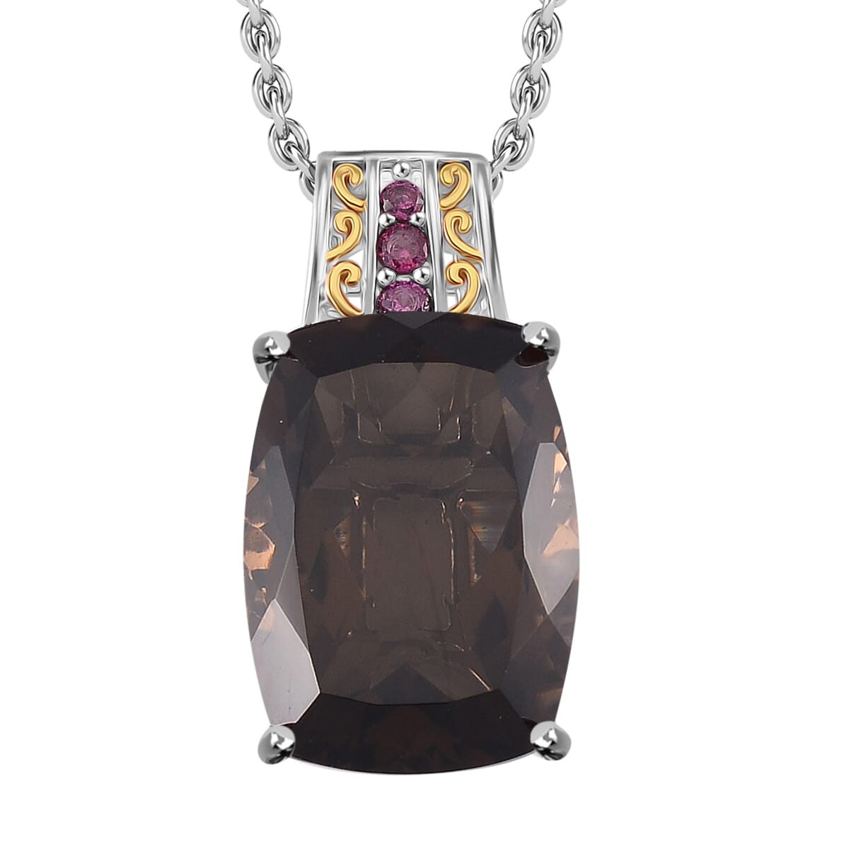 Karis Brazilian Smoky Quartz and Orissa Rhodolite Garnet 27.35 ctw Ring (Size 9.0) and Pendant in Dualtone with Stainless Steel Necklace 20 Inches image number 5
