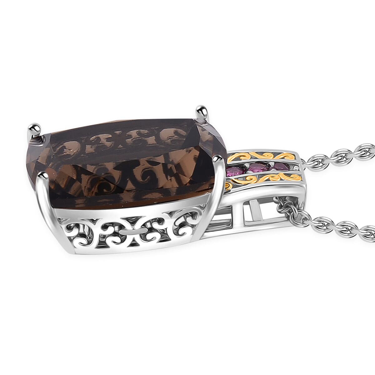Karis Brazilian Smoky Quartz and Orissa Rhodolite Garnet 27.35 ctw Ring (Size 9.0) and Pendant in Dualtone with Stainless Steel Necklace 20 Inches image number 6