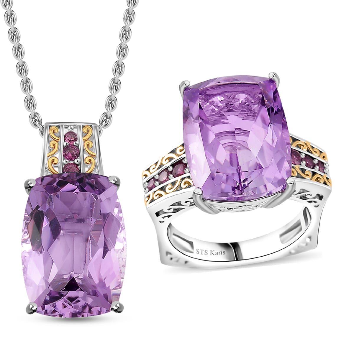 Karis Rose De France Amethyst and Orissa Rhodolite Garnet 27.40 ctw Ring (Size 7.0) and Pendant in Dualtone with Stainless Steel Necklace 20 Inches image number 0