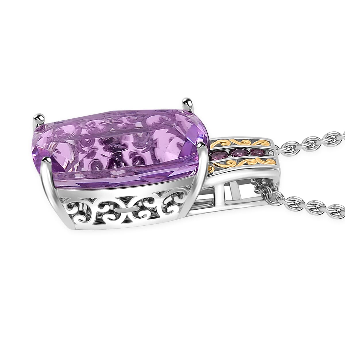 Karis Rose De France Amethyst and Orissa Rhodolite Garnet 27.40 ctw Ring (Size 7.0) and Pendant in Dualtone with Stainless Steel Necklace 20 Inches image number 6