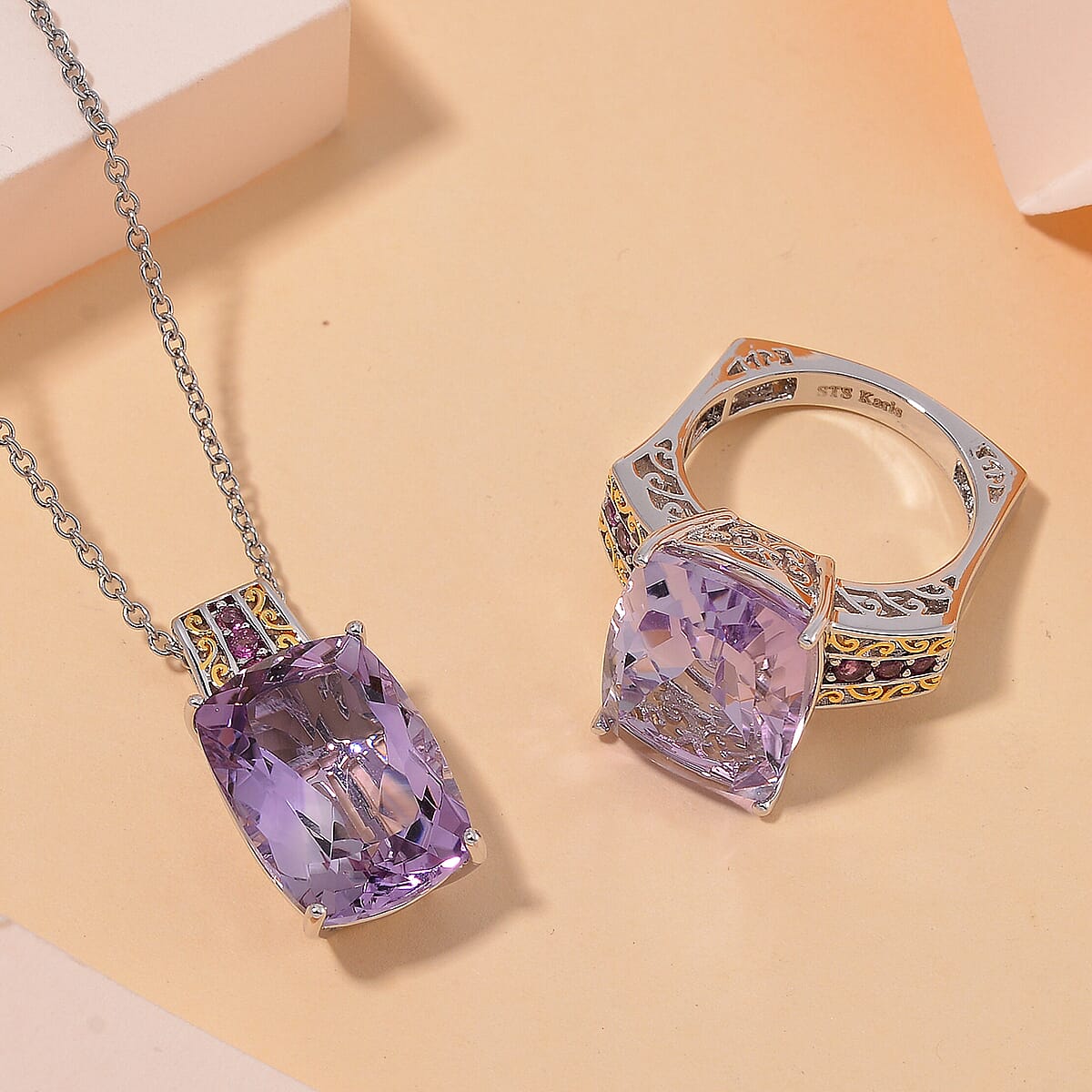 Karis Rose De France Amethyst and Orissa Rhodolite Garnet 27.40 ctw Ring (Size 10.0) and Pendant in Dualtone with Stainless Steel Necklace 20 Inches image number 1