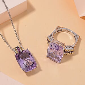 Karis Rose De France Amethyst and Orissa Rhodolite Garnet 27.40 ctw Ring (Size 10.0) and Pendant in Dualtone with Stainless Steel Necklace 20 Inches
