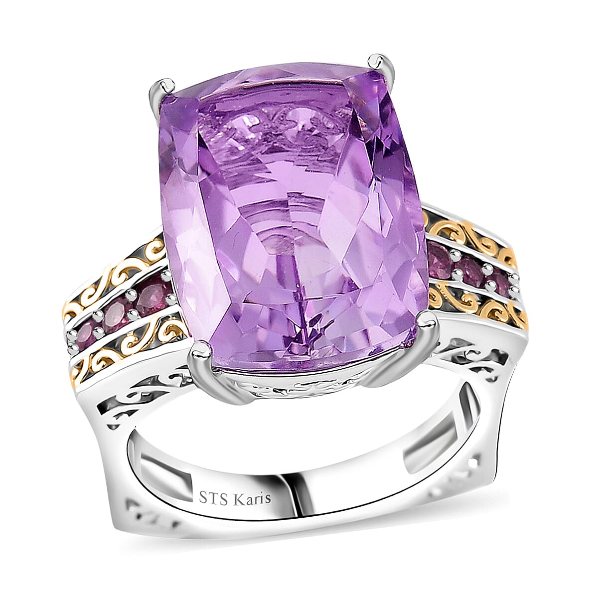 Karis Rose De France Amethyst and Orissa Rhodolite Garnet 27.40 ctw Ring (Size 10.0) and Pendant in Dualtone with Stainless Steel Necklace 20 Inches image number 2