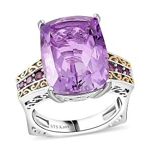 Karis Rose De France Amethyst and Orissa Rhodolite Garnet 27.40 ctw Ring (Size 10.0) and Pendant in Dualtone with Stainless Steel Necklace 20 Inches