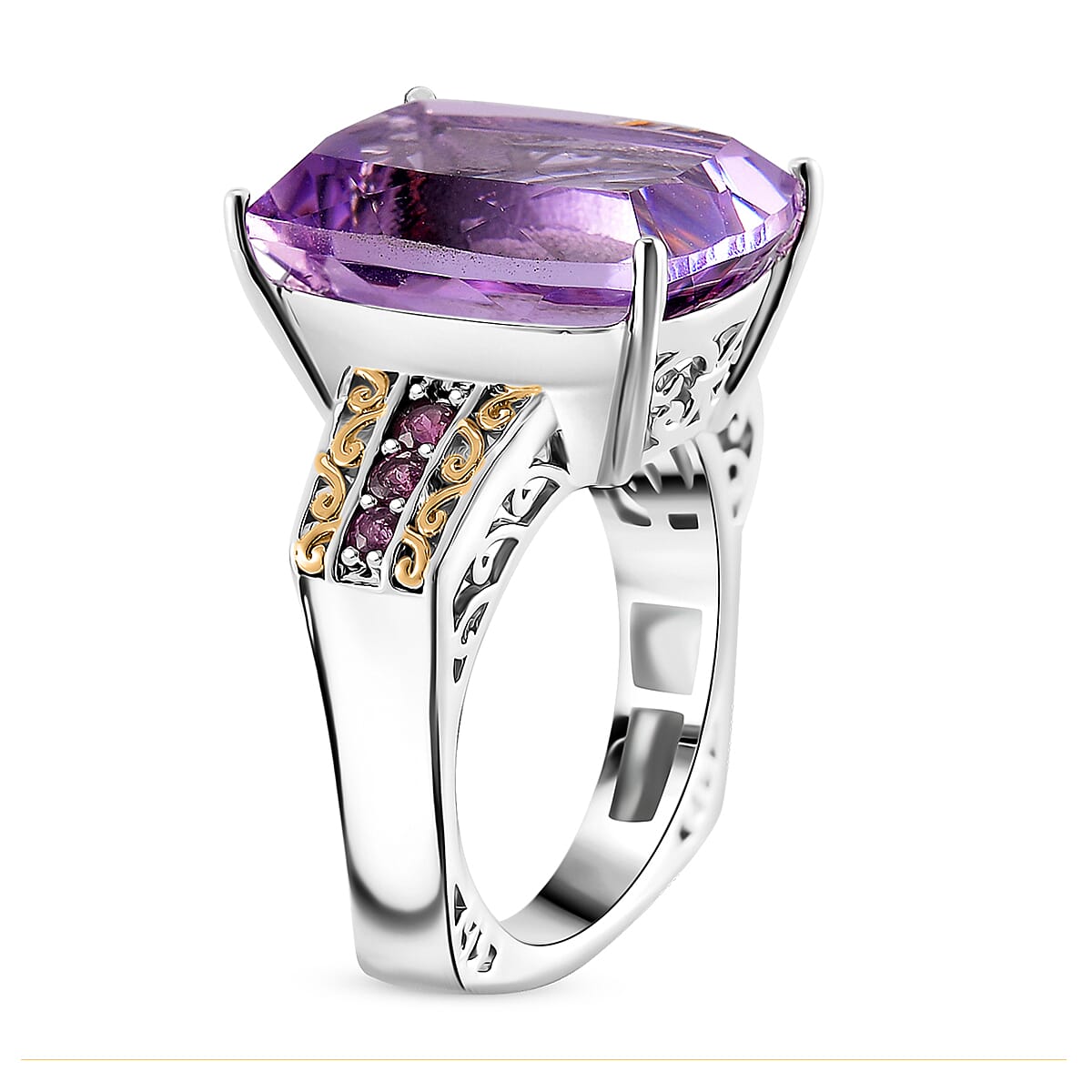 Karis Rose De France Amethyst and Orissa Rhodolite Garnet 27.40 ctw Ring (Size 10.0) and Pendant in Dualtone with Stainless Steel Necklace 20 Inches image number 3