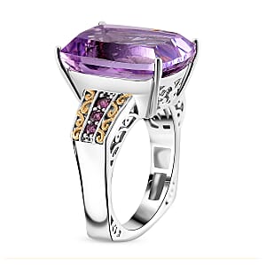 Karis Rose De France Amethyst and Orissa Rhodolite Garnet 27.40 ctw Ring (Size 10.0) and Pendant in Dualtone with Stainless Steel Necklace 20 Inches