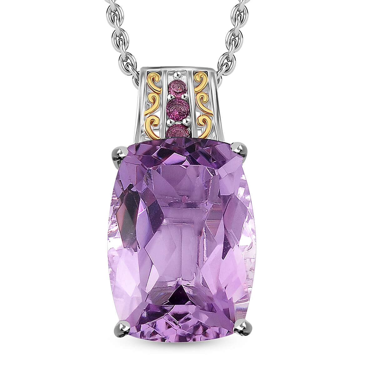 Karis Rose De France Amethyst and Orissa Rhodolite Garnet 27.40 ctw Ring (Size 10.0) and Pendant in Dualtone with Stainless Steel Necklace 20 Inches image number 5