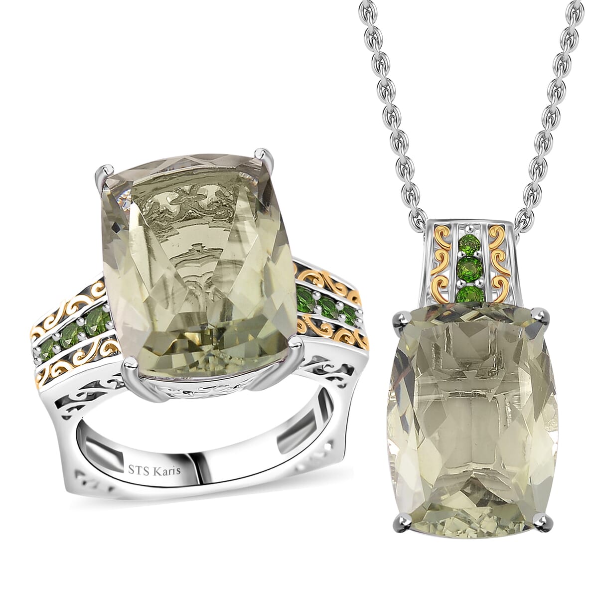 Karis Montezuma Prasiolite and Chrome Diopside 26.85 ctw Ring (Size 10.0) and Pendant in Dualtone with Stainless Steel Necklace 20 Inches image number 0