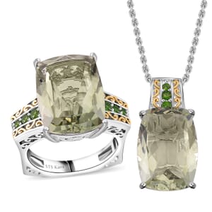 Karis Montezuma Prasiolite and Chrome Diopside 26.85 ctw Ring (Size 10.0) and Pendant in Dualtone with Stainless Steel Necklace 20 Inches