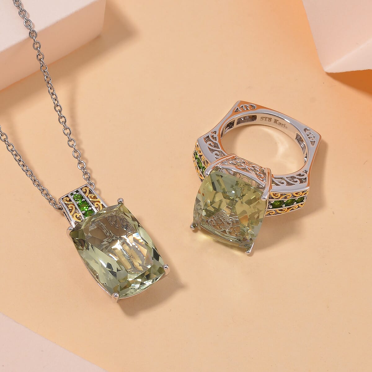 Karis Montezuma Prasiolite and Chrome Diopside 26.85 ctw Ring (Size 10.0) and Pendant in Dualtone with Stainless Steel Necklace 20 Inches image number 1