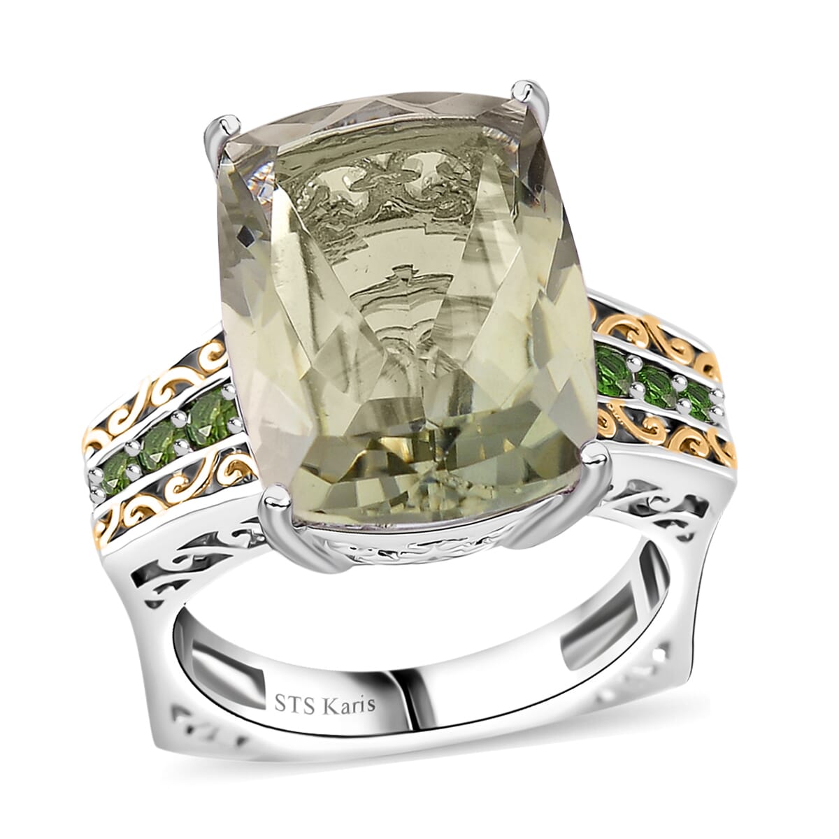 Karis Montezuma Prasiolite and Chrome Diopside 26.85 ctw Ring (Size 10.0) and Pendant in Dualtone with Stainless Steel Necklace 20 Inches image number 2
