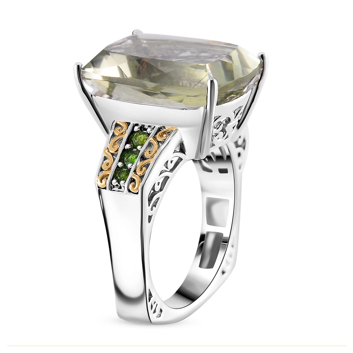 Karis Montezuma Prasiolite and Chrome Diopside 26.85 ctw Ring (Size 10.0) and Pendant in Dualtone with Stainless Steel Necklace 20 Inches image number 3