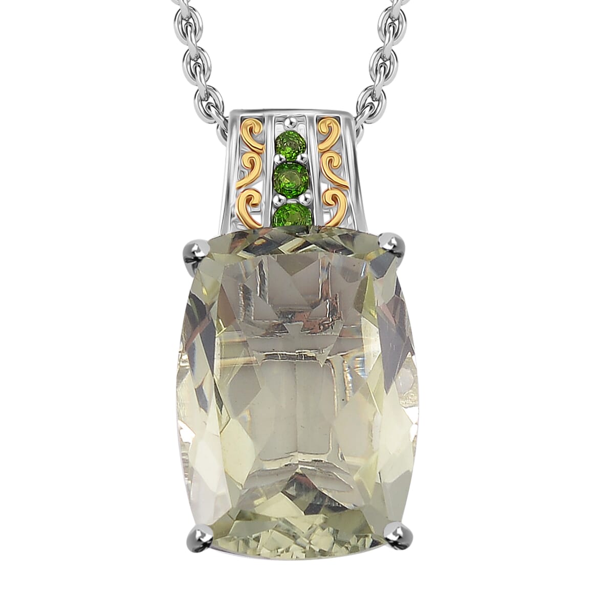 Karis Montezuma Prasiolite and Chrome Diopside 26.85 ctw Ring (Size 10.0) and Pendant in Dualtone with Stainless Steel Necklace 20 Inches image number 5