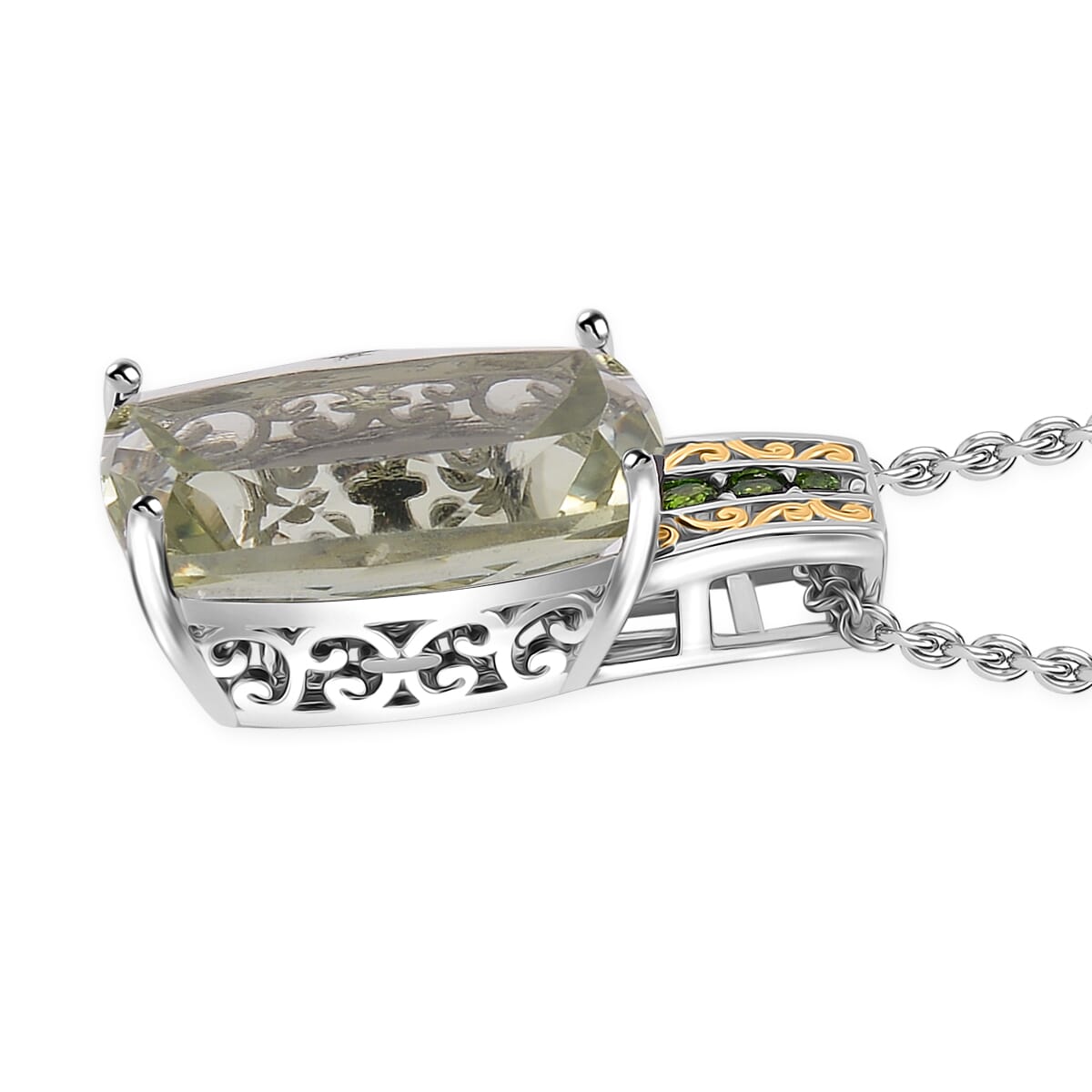 Karis Montezuma Prasiolite and Chrome Diopside 26.85 ctw Ring (Size 10.0) and Pendant in Dualtone with Stainless Steel Necklace 20 Inches image number 6