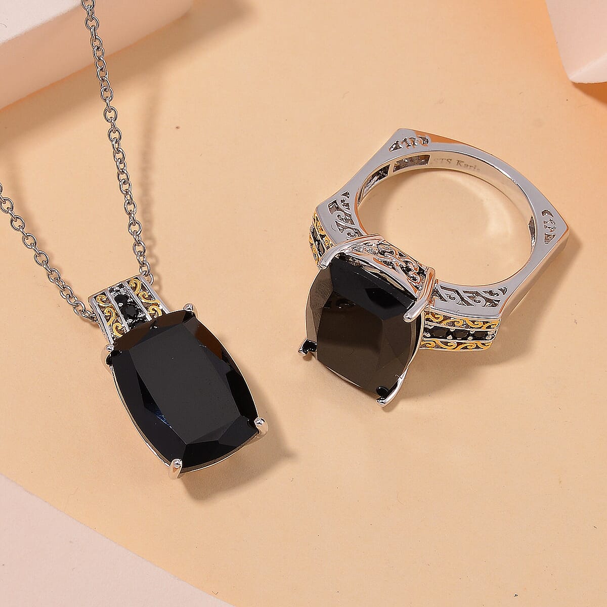 Karis Thai Black Spinel 32.30 ctw Ring (Size 6.0) and Pendant in Dualtone with Stainless Steel Necklace 20 Inches image number 1