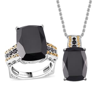 Karis Thai Black Spinel 32.30 ctw Ring (Size 7.0) and Pendant in Dualtone with Stainless Steel Necklace 20 Inches