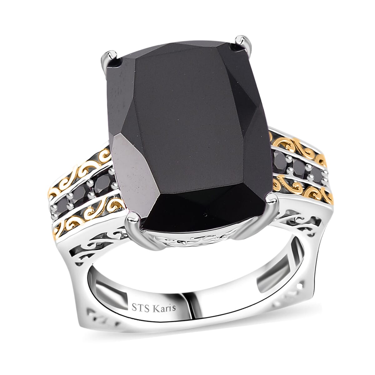 Karis Thai Black Spinel 32.30 ctw Ring (Size 7.0) and Pendant in Dualtone with Stainless Steel Necklace 20 Inches image number 2