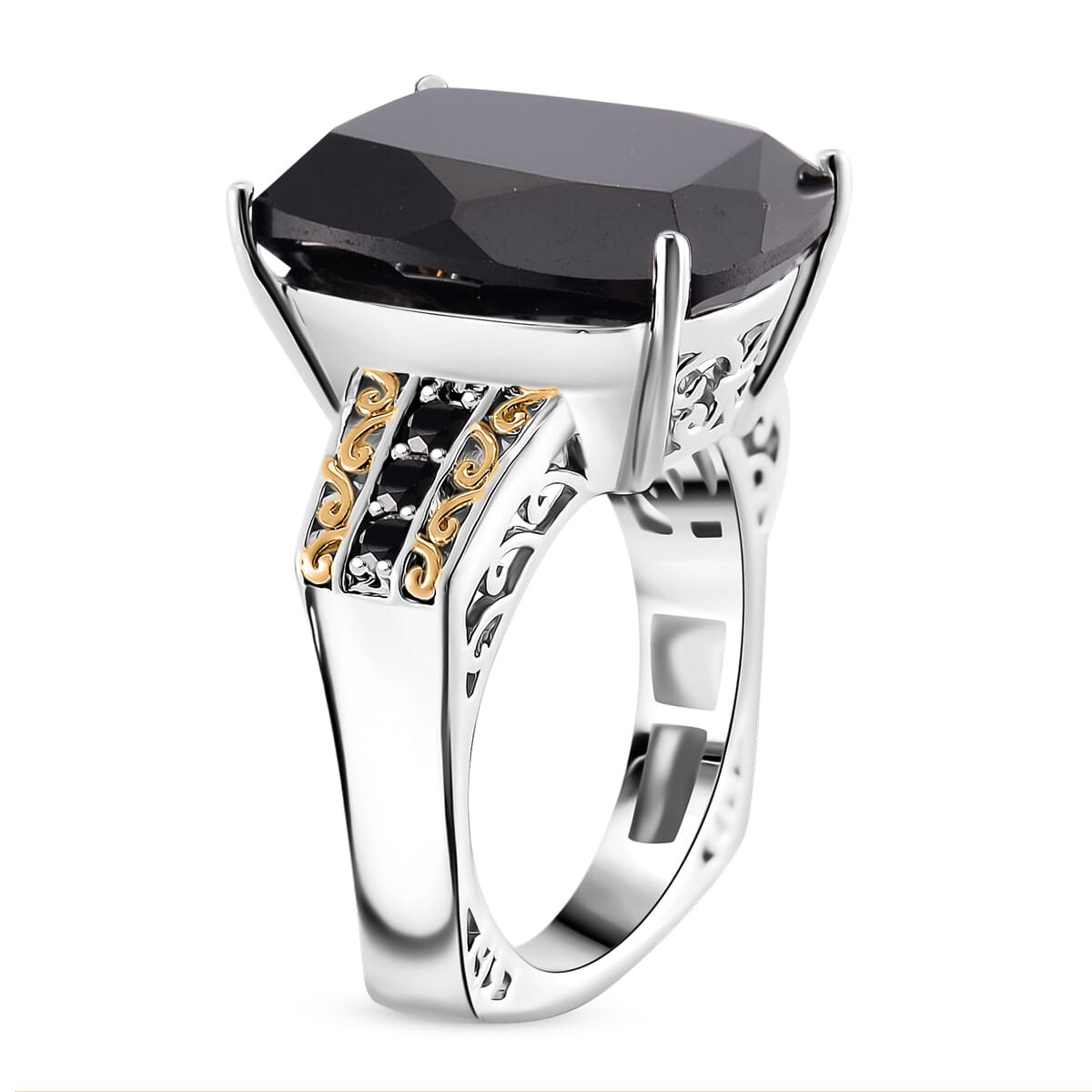 Karis Thai Black Spinel 32.30 ctw Ring (Size 7.0) and Pendant in Dualtone with Stainless Steel Necklace 20 Inches image number 3