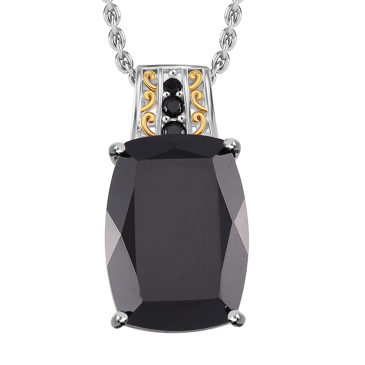 Karis Thai Black Spinel 32.30 ctw Ring (Size 7.0) and Pendant in Dualtone with Stainless Steel Necklace 20 Inches image number 5