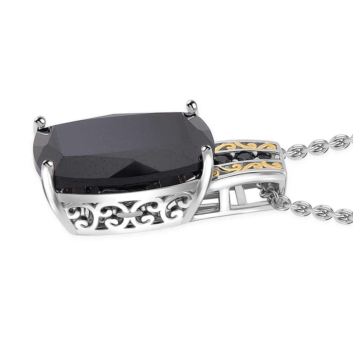 Karis Thai Black Spinel 32.30 ctw Ring (Size 7.0) and Pendant in Dualtone with Stainless Steel Necklace 20 Inches image number 6