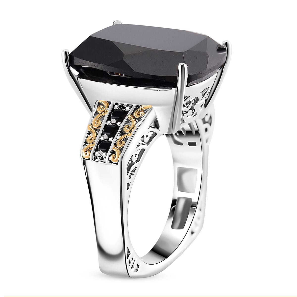 Karis Thai Black Spinel 32.30 ctw Ring (Size 8.0) and Pendant in Dualtone with Stainless Steel Necklace 20 Inches image number 3