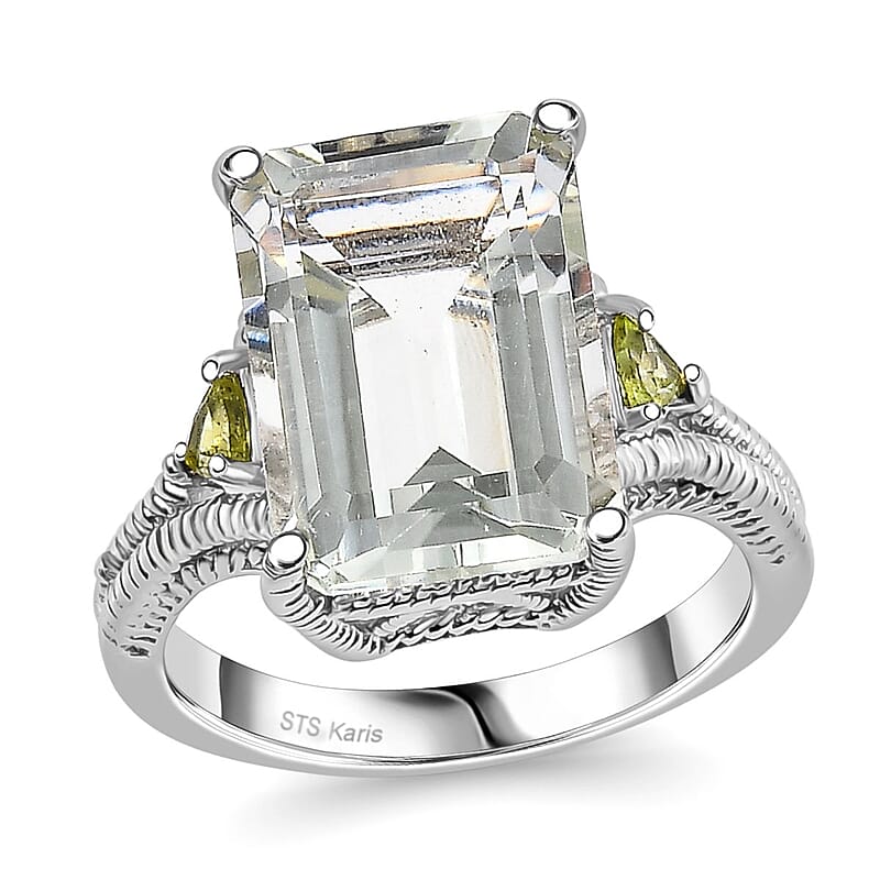 Montezuma Prasiolite and Peridot 20.00 ctw Earrings, Ring (Size 7.0), Pendant in Platinum Bond with Stainless Steel Necklace 20 Inches