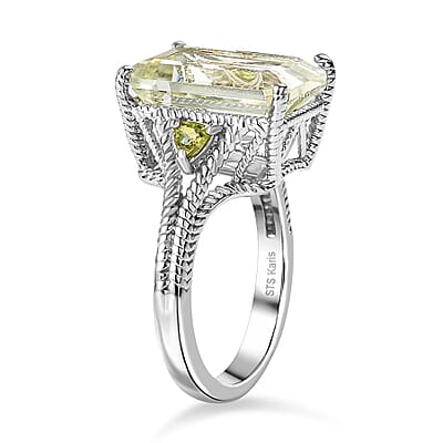 Montezuma Prasiolite and Peridot 20.00 ctw Earrings, Ring (Size 7.0), Pendant in Platinum Bond with Stainless Steel Necklace 20 Inches