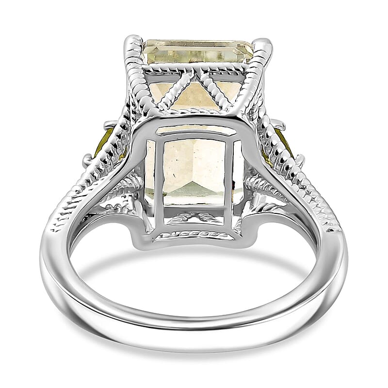 Montezuma Prasiolite and Peridot 20.00 ctw Earrings, Ring (Size 7.0), Pendant in Platinum Bond with Stainless Steel Necklace 20 Inches