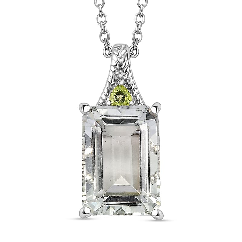 Montezuma Prasiolite and Peridot 20.00 ctw Earrings, Ring (Size 7.0), Pendant in Platinum Bond with Stainless Steel Necklace 20 Inches