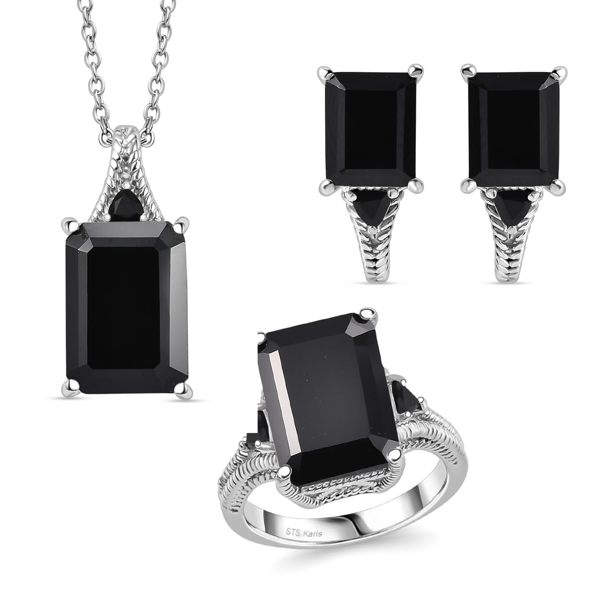 Thai Black Spinel 22.15 ctw Earrings, Ring (Size 7.0), Pendant in Platinum Bond with Stainless Steel Necklace 20 Inches image number 0