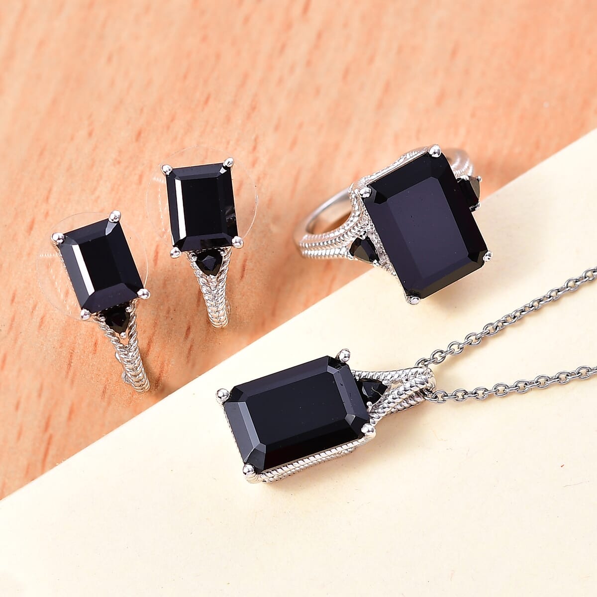 Thai Black Spinel 22.15 ctw Earrings, Ring (Size 7.0), Pendant in Platinum Bond with Stainless Steel Necklace 20 Inches image number 1