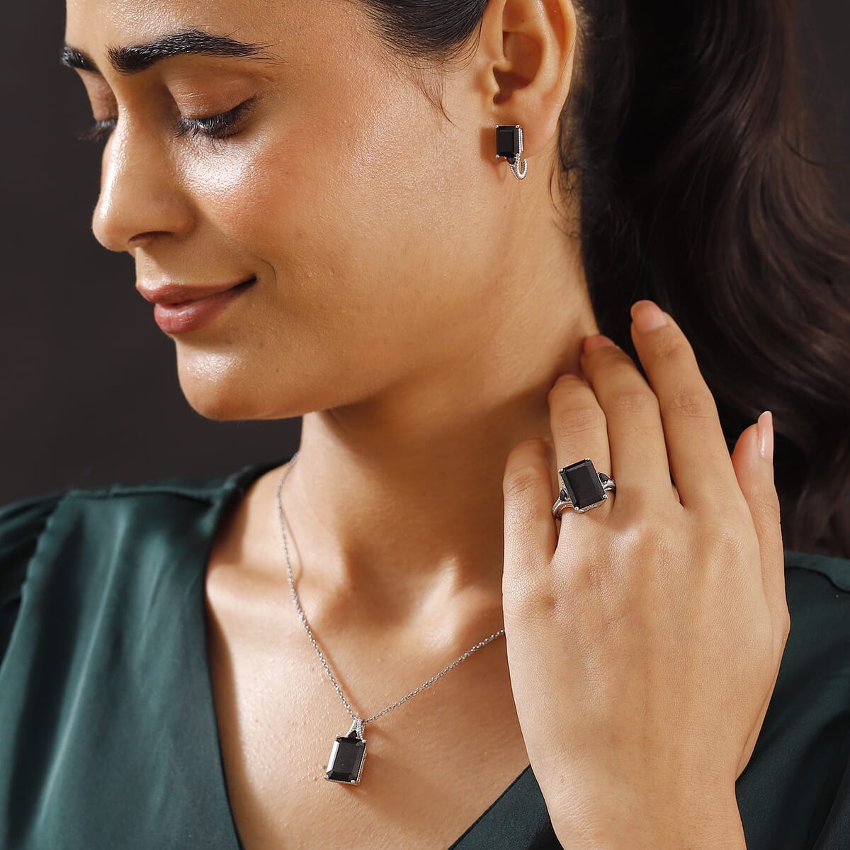 Thai Black Spinel 22.15 ctw Earrings, Ring (Size 7.0), Pendant in Platinum Bond with Stainless Steel Necklace 20 Inches image number 2