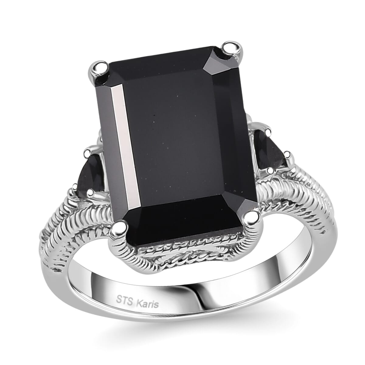 Thai Black Spinel 22.15 ctw Earrings, Ring (Size 7.0), Pendant in Platinum Bond with Stainless Steel Necklace 20 Inches image number 3