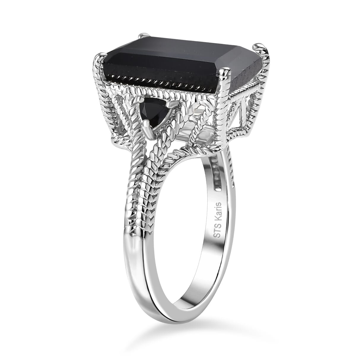 Thai Black Spinel 22.15 ctw Earrings, Ring (Size 7.0), Pendant in Platinum Bond with Stainless Steel Necklace 20 Inches image number 4