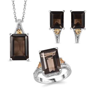 Brazilian Smoky Quartz and Brazilian Citrine 21.50 ctw Earrings, Ring (Size 7.0), Pendant in Platinum Bond with Stainless Steel Necklace 20 Inches