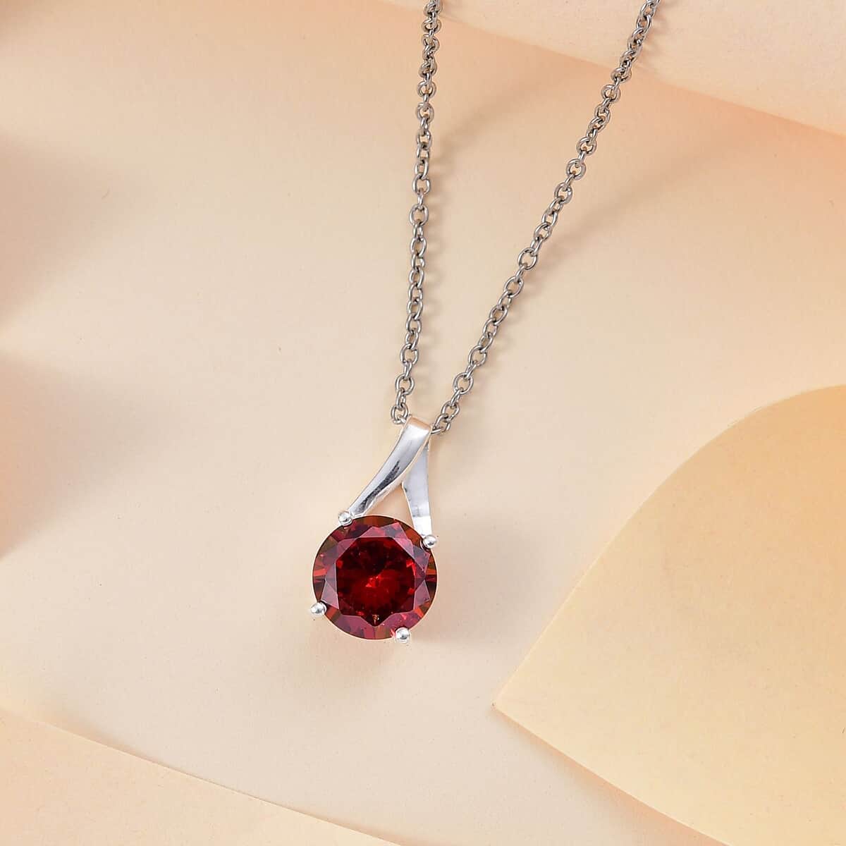 Simulated Red Diamond 6.50 ctw Solitaire Pendant in Sterling Silver with Stainless Steel Necklace 20 Inches image number 1