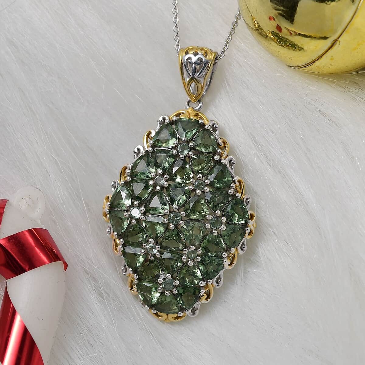 Tanzania Natural Green Apatite 7.40 ctw Pendant Necklace in 18K Vermeil YG and Rhodium Over Sterling Silver 20 Inches image number 1