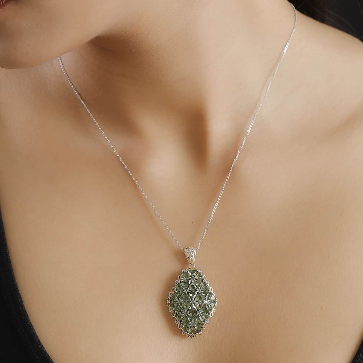 Tanzania Natural Green Apatite 7.40 ctw Pendant Necklace in 18K Vermeil YG and Rhodium Over Sterling Silver 20 Inches image number 2