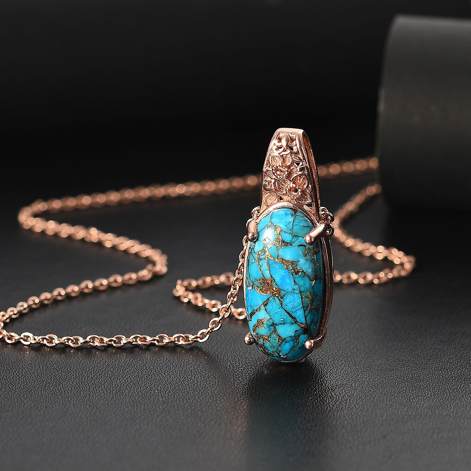 Karis Matrix Chestnut Brine Turquoise 9.30 ctw Pendant in 18K RG Plated with Stainless Steel Necklace 20 Inches