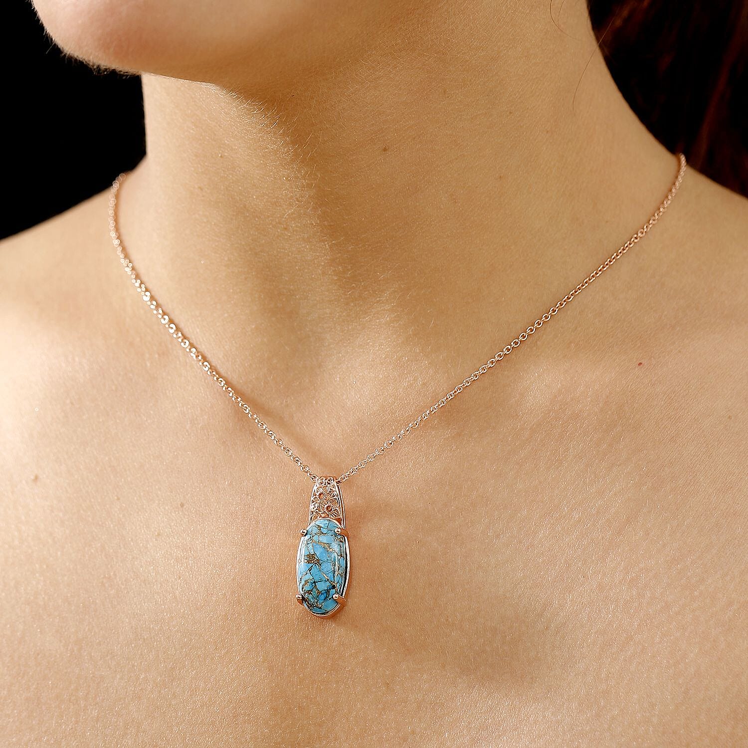 Karis Matrix Chestnut Brine Turquoise 9.30 ctw Pendant in 18K RG Plated with Stainless Steel Necklace 20 Inches