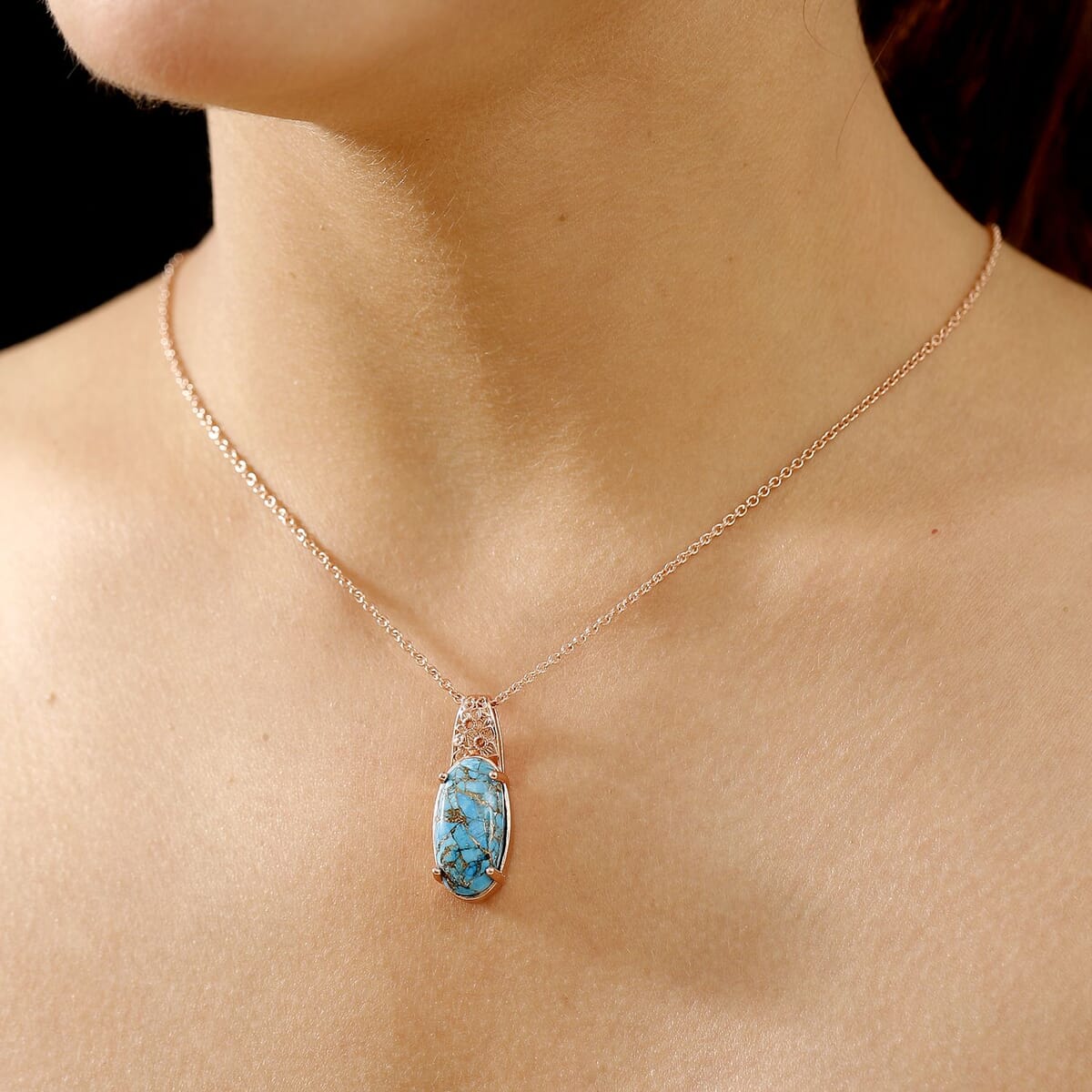 Karis Matrix Chestnut Brine Turquoise 9.30 ctw Pendant in 18K RG Plated with Stainless Steel Necklace 20 Inches image number 2