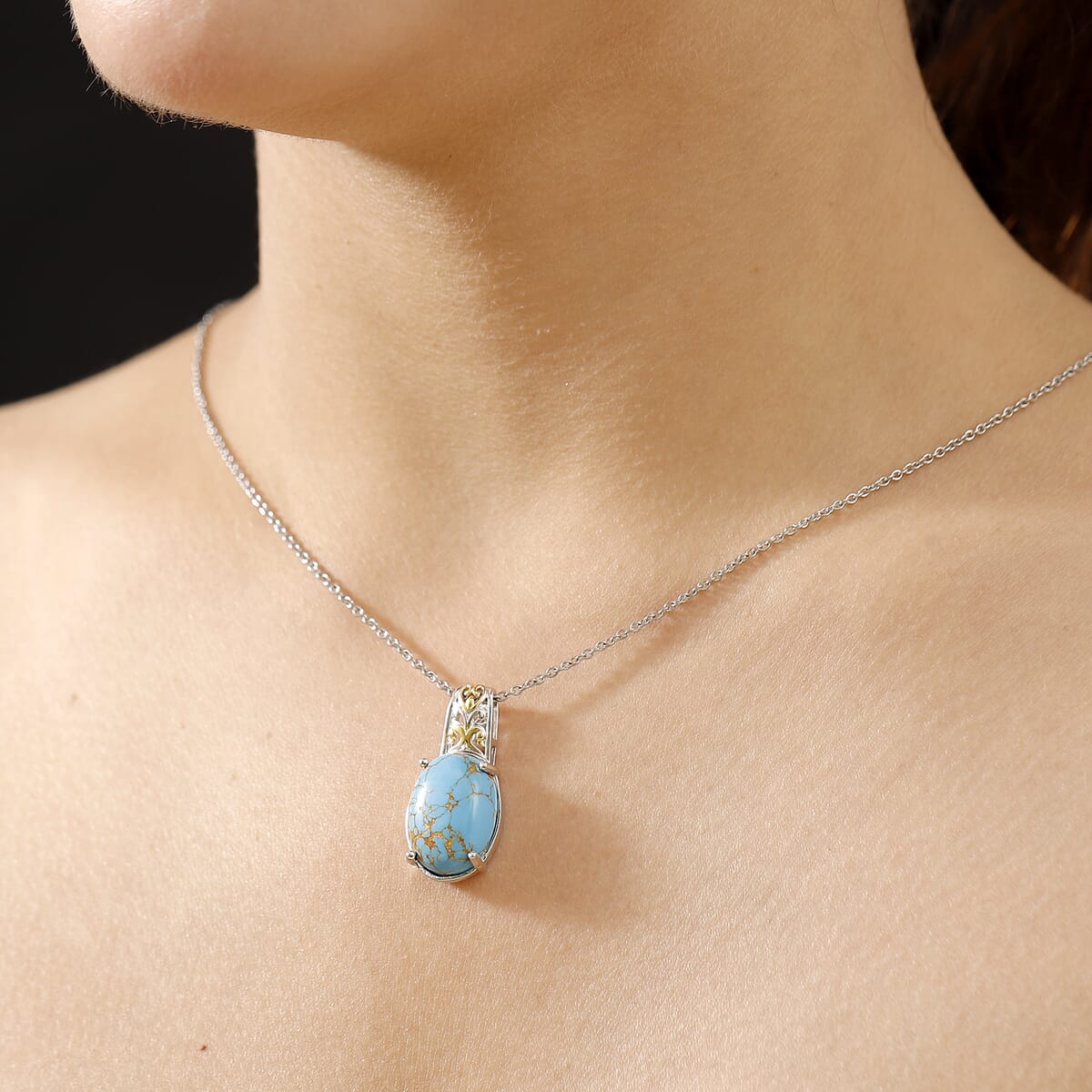 Karis Mojave Blue Turquoise 9.30 ctw Pendant in 18K YG Plated and Platinum Bond with Stainless Steel Necklace 20 Inches image number 2