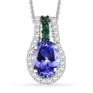 Tanzanite and Multi Genstone 1.60 ctw Split Shank Halo Pendant Necklace in Rhodium Over Sterling Silver 20 Inches