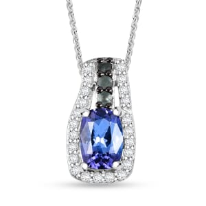 Tanzanite and Multi Genstone 1.40 ctw Split Shank Halo Pendant Necklace in Rhodium Over Sterling Silver 20 Inches
