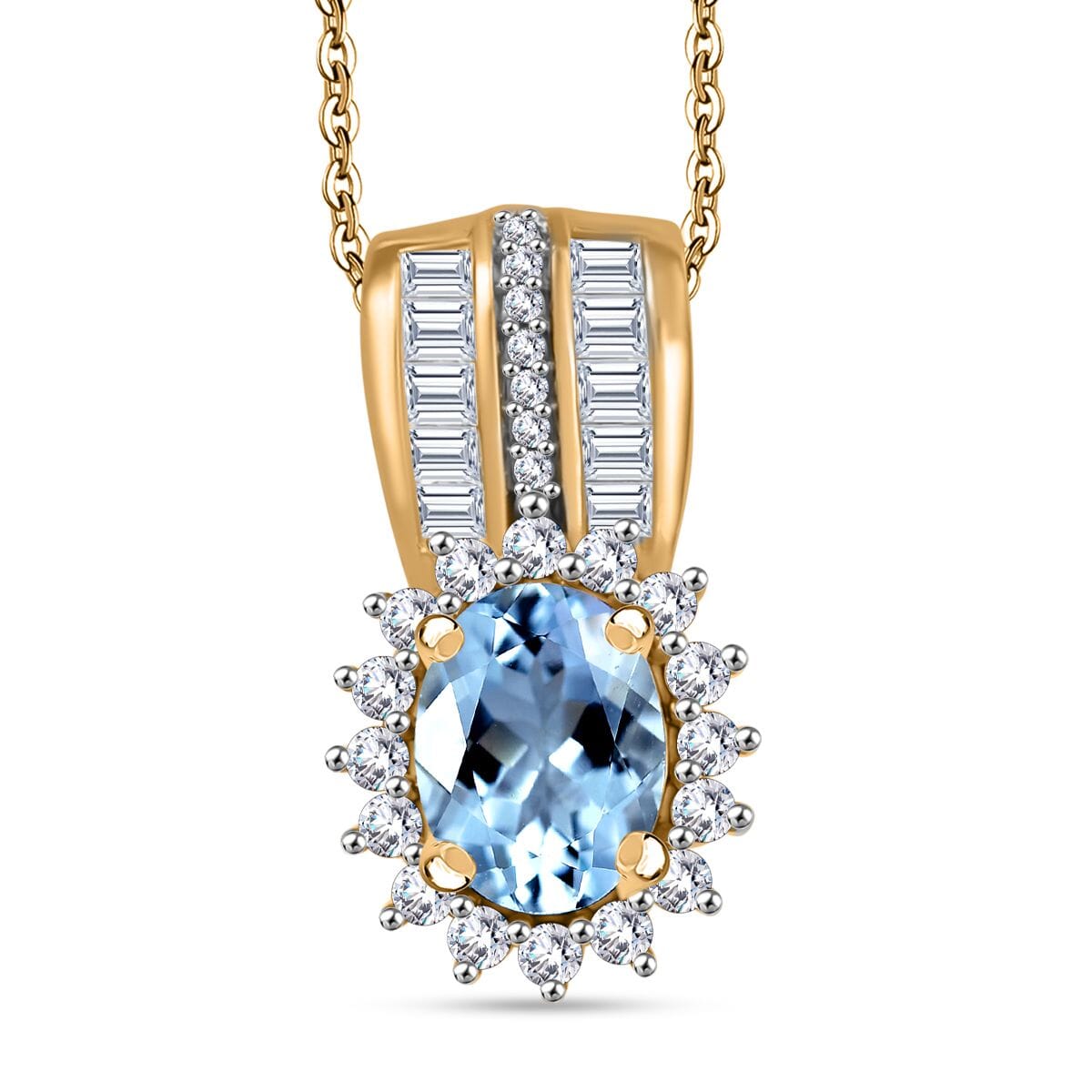 Santa Maria Aquamarine and Moissanite 1.75 ctw Sunburst Pendant Necklace in 18K Vermeil Yellow Gold Over Sterling Silver 20 Inches image number 0