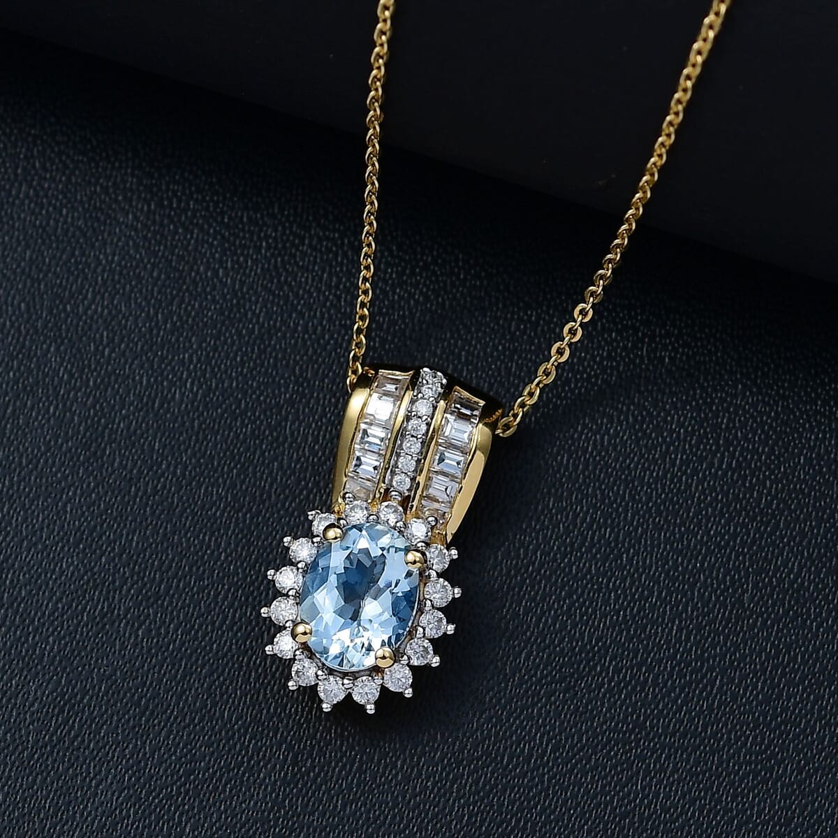 Santa Maria Aquamarine and Moissanite 1.75 ctw Sunburst Pendant Necklace in 18K Vermeil Yellow Gold Over Sterling Silver 20 Inches image number 1